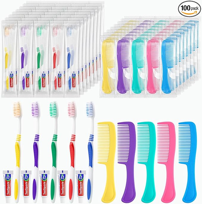 Disposable Toothbrushes with Toothpaste and Comb in Bulk, Individually Wrapped Soft Bristle Travel Size Basic Hygiene Kits, for Travel Hotel Camping Charity Homeless Shelter Donation in 5 colors (100)