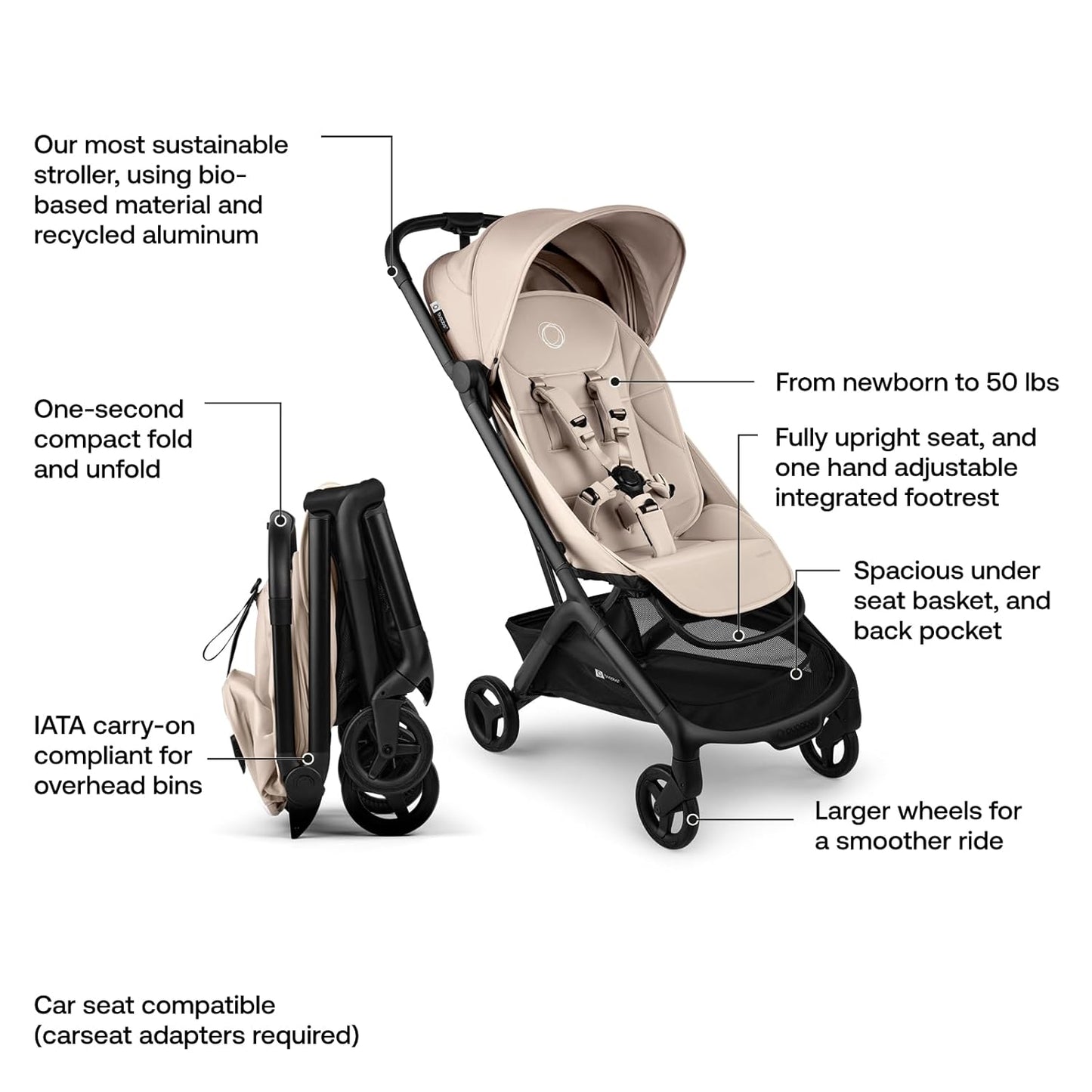 Bugaboo Butterfly 2 Travel Stroller, Ultra-Compact One-Second Fold, Lightweight and Airplane-Friendly (Taupe)