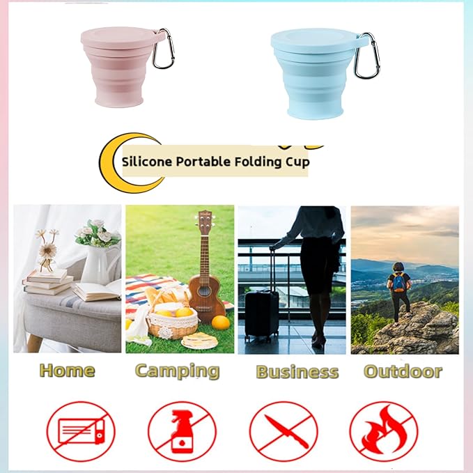 Reusable Foldable Silicone Water Cup, Portable Picnic Snacks Cup, Pocket Size Travel Cup Extensible, Collapsible Cups with Lid for Camping, Travel (Blue with Hook)