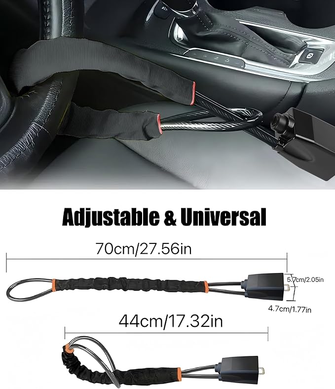 Universal Car Steering Wheel Lock and Seatbelt Lock, O-MKAC Double-Layer Anti-Theft Device with 3 Keys, Fits Most Cars, SUVs, Vans, Trucks, 17 Inch Adjustable, Lightweight & Portable (Black)