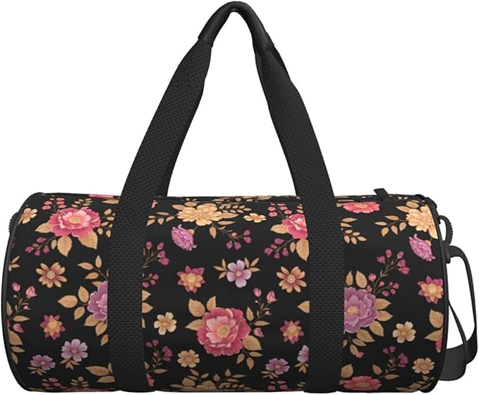 Sports Gym Duffel Bag Vintage Pink Rose Flowers Floral Black for Men Women Waterproof Weekender Travel Bag for Training Swim Yoga