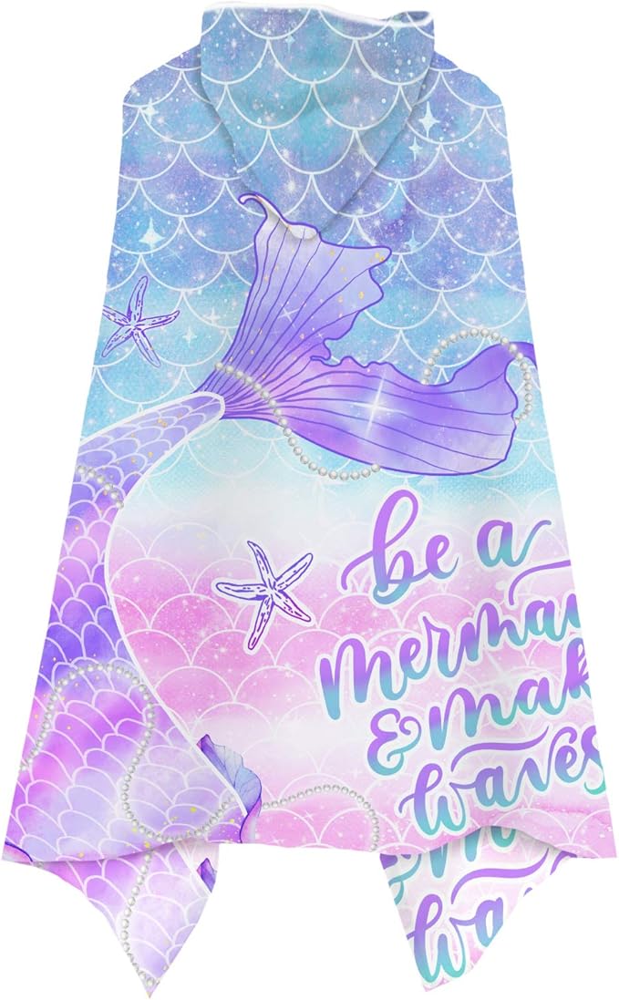 Bonsai Tree Mermaid Kids Beach Towel with Hood, Mermaid Tail Microfiber Hooded Poncho Towel for Girls 30”x50”, Mermaid Scales Pink Soft Absorbent Bath Towels Bathrobe for Swin Pool