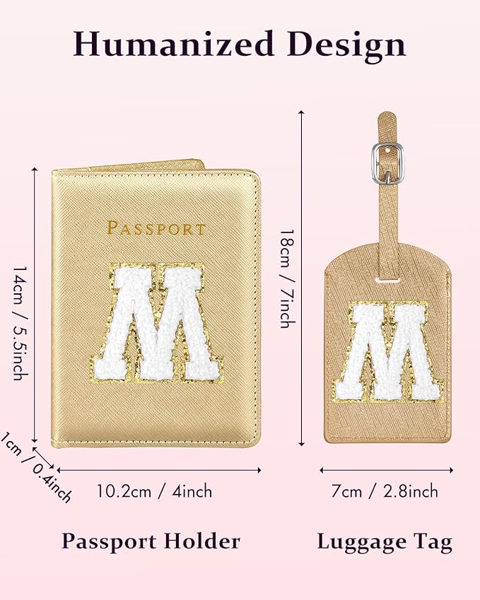 Slohif Passport Holder Initial Lugguage Tag Set Suitcase Cover Wallet Case for Travel Women - Leather Letter Passport Book Personalized Organizer Card Protector Sleeve Essentials Slim Carrier Gold M