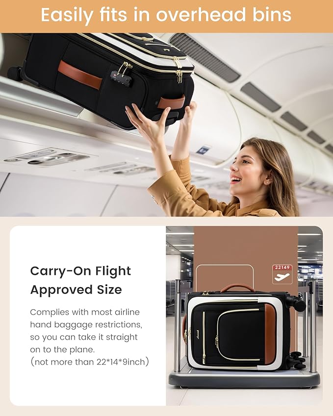 LOVEVOOK Carry on Luggage 22x14x9 Airline Approved, 22 Inch Large Rolling Suitcase with Garment Bag, Spinner Wheels & TSA Lock, 49L Softside Lightweight Underseat Carryon Luggage for Women Men Travel