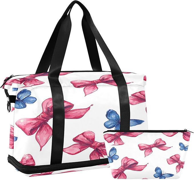 Travel Duffel Bags for Women Red Bow & Blue Butterfly Sports Duffel Bags Gym Bags with Shoes Compartment Tote Bag Weekender Bag for Travelling