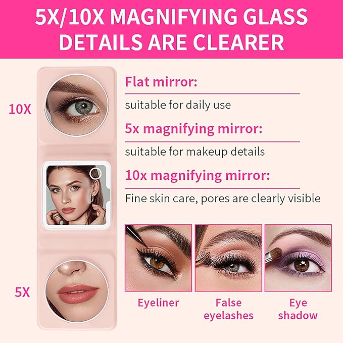 Rechargeable Trifold Makeup Mirror with Lights, 1X 5X 10X Magnification, Portable LED Lighted Compact Mirror with 3 Magnetic Zoom Mirrors for Travel & Vanity (Pink)