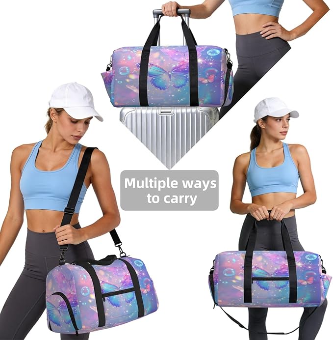 Sports Gym Bag Butterflies Bubbles Glittery Sparkly Travel Duffel Bag With Shoe Compartment Shoulder Strap, Lightweight Water-Resistant Weekend Overnight Totes For Women Men