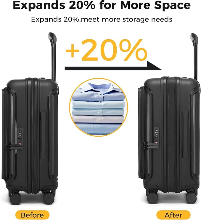 20“ Expandable Carry on Luggage Front Opening, 22x14x9 Airline Approved Hardshell Spinner Suitcase with Wheels, TSA Lock, Lightweight Travel Luggage (Black, 20 inch)