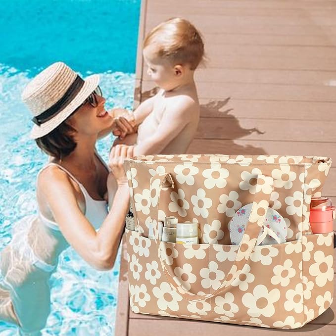 LEDAOU Large Beach Bag Women Waterproof Sandproof Zipper Beach Tote Pool Bag for Swim Gym Grocery Travel with Wet Pocket | Waterproof, Sandproof, Zipper, Pool, Gym, Grocery