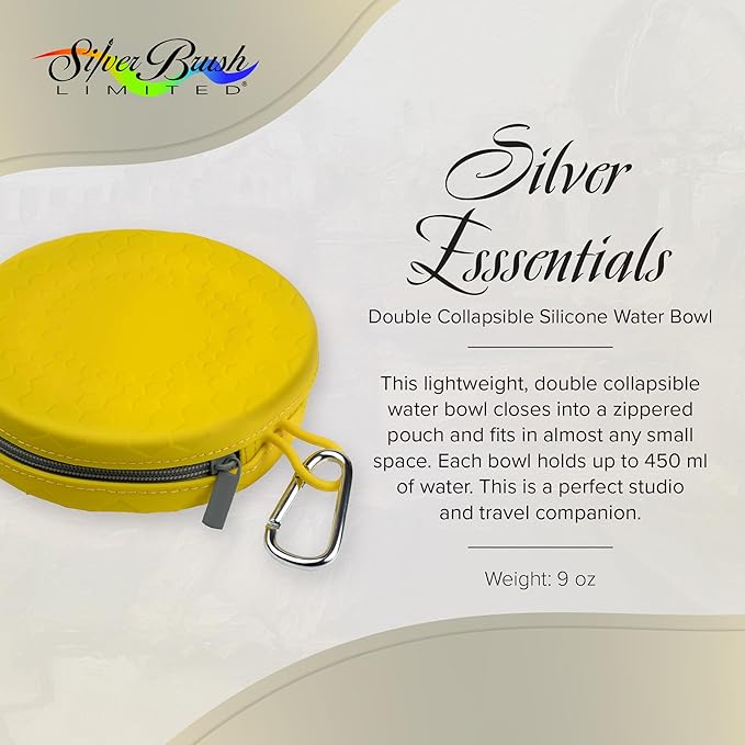 Silver Brush Limited 9004 Silver Essentials Double 450ml/15.2oz Collapsible Water Bowl with Zipper Pouch, Leak-Proof Paint Brush Water Cup for Water Media, for Studio, Travel, and Plein Air, Yellow