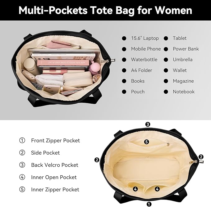 Handbags for Women Large Capacity Tote Bag with Zipper and Multi-Pockets Lightweight Waterproof Nylon Shoulder Bag