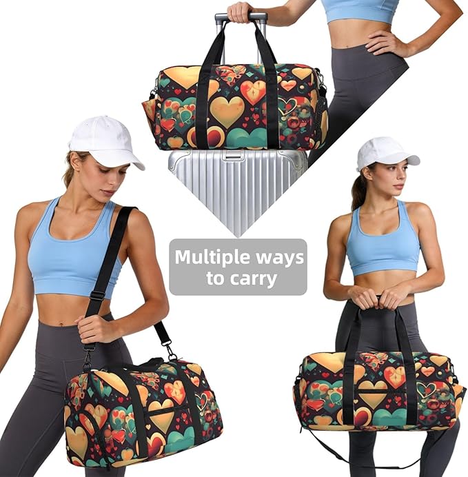 Colorful hearts Print Gym Bag with Shoe Compartment for Women Men, 17.7in Sports Duffle Weekender Tote, Overnight Travel Duffel Bag Carry On