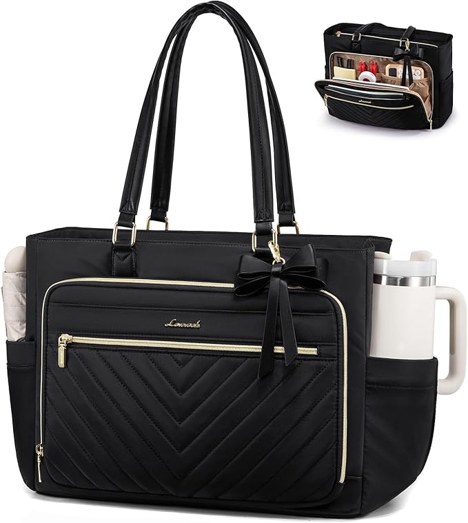 LOVEVOOK Laptop Tote Bag for Women, Work Bag Teacher Tote with Large Cup Holder, Quilted Nurse Diaper Bag for Travel, Computer Women's handbags for Teacher gift, Black, 17.3 Inch