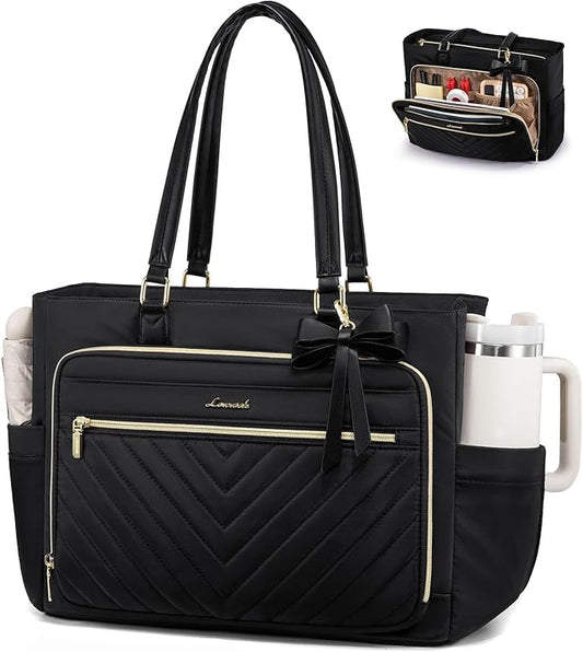LOVEVOOK Laptop Tote Bag for Women, Work Bag Teacher Tote with Large Cup Holder, Quilted Nurse Diaper Bag for Travel, Computer Women's handbags for Teacher gift, Black, 17.3 Inch