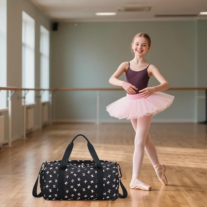 Gym Bag Sports Duffle Bag with Wet Pocket Weekender Overnight Bag with Waterproof Shoe Compartment for Girls Kids Women Travel Dance Yoga Workout Bag (Bow Pink-Black)