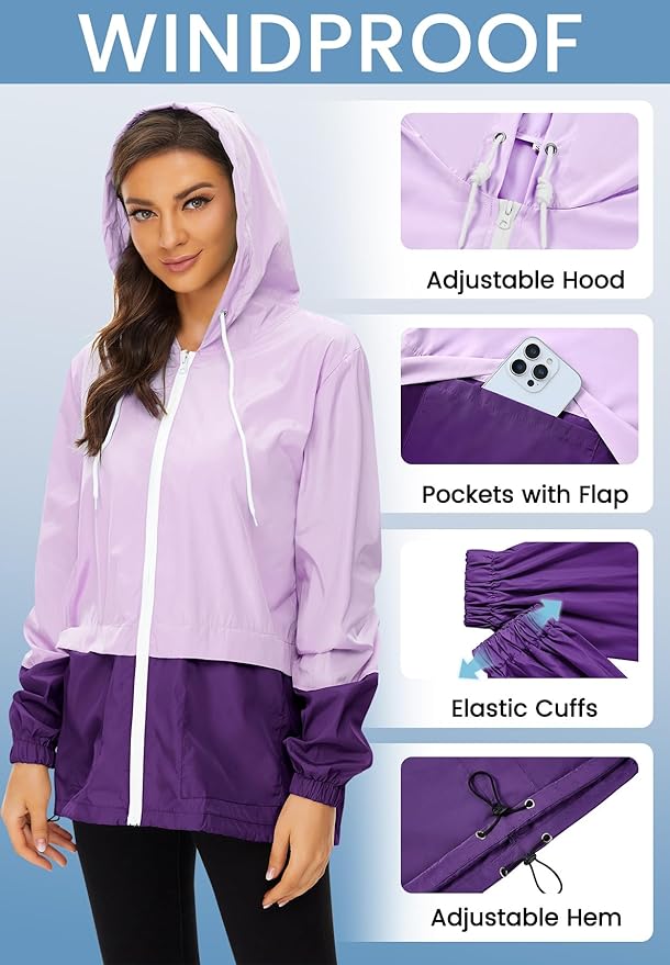 Zando Lightweight Rain Jacket Women Waterproof - Raincoat for Women Packable Rain coat Hooded Windbreaker for Travel Outdoor