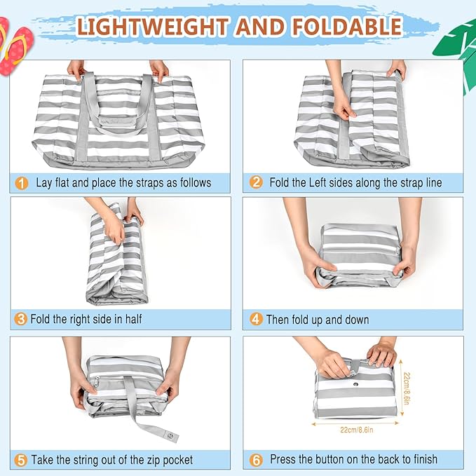 Extra Large Beach Bags for Women, Waterproof Sandproof Beach Tote Bag Foldable Swim Pool Bag with Zipper and Wet Pocket