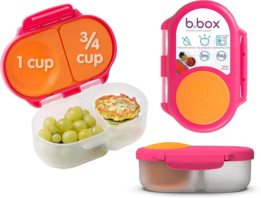 b.box Snack Box - Leakproof Mini Bento Box for Kids & Toddlers, 2 Compartment Snack Containers for Kids, Lunch Containers, Dishwasher Safe, BPA Free, PFAS Free, Ages 4m+, 1 3/4 Cup - Strawberry Shake