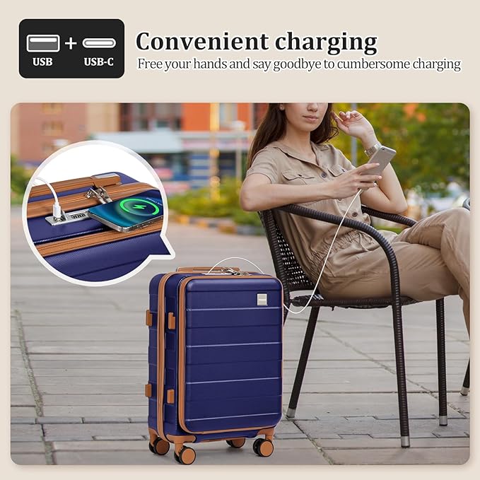 imiomo Carry on Luggage Airline Approved with Front Pocket and USB Port, Hard Shell 20 Inch Travel Carry-on Suitcase with Spinner Wheels and TSA Lock, Navy Brown