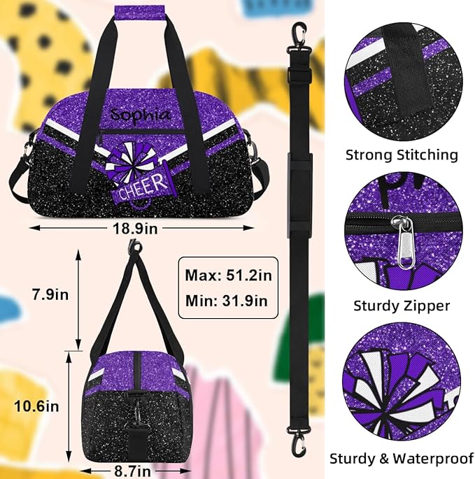 Personalized Purple Glitter Cheer Bag for Cheerleaders, Custom Sport Gym Bag Dance Bag Travel Duffle Bag Cheerleading Gifts for Women