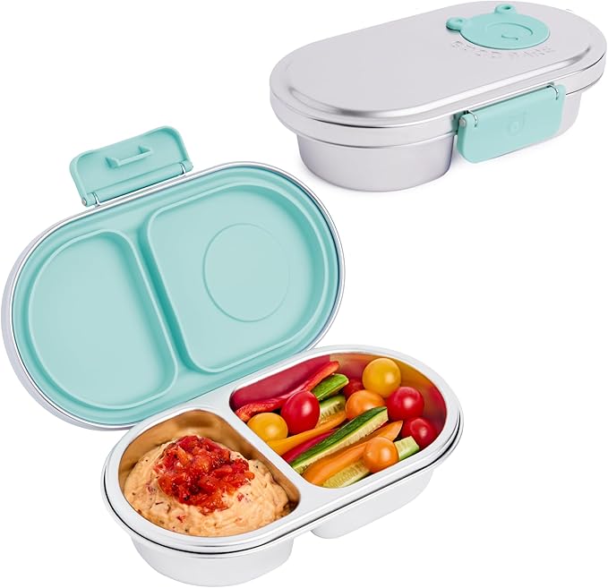Good Bare Stainless Steel Snack Container for Kids – 2 Compartment Metal Bento Box, Leakproof, Non-Toxic, Easy-Open Latch, Dishwasher Safe, Small Snack Pack, Perfect for On-the-Go (Mint Green)
