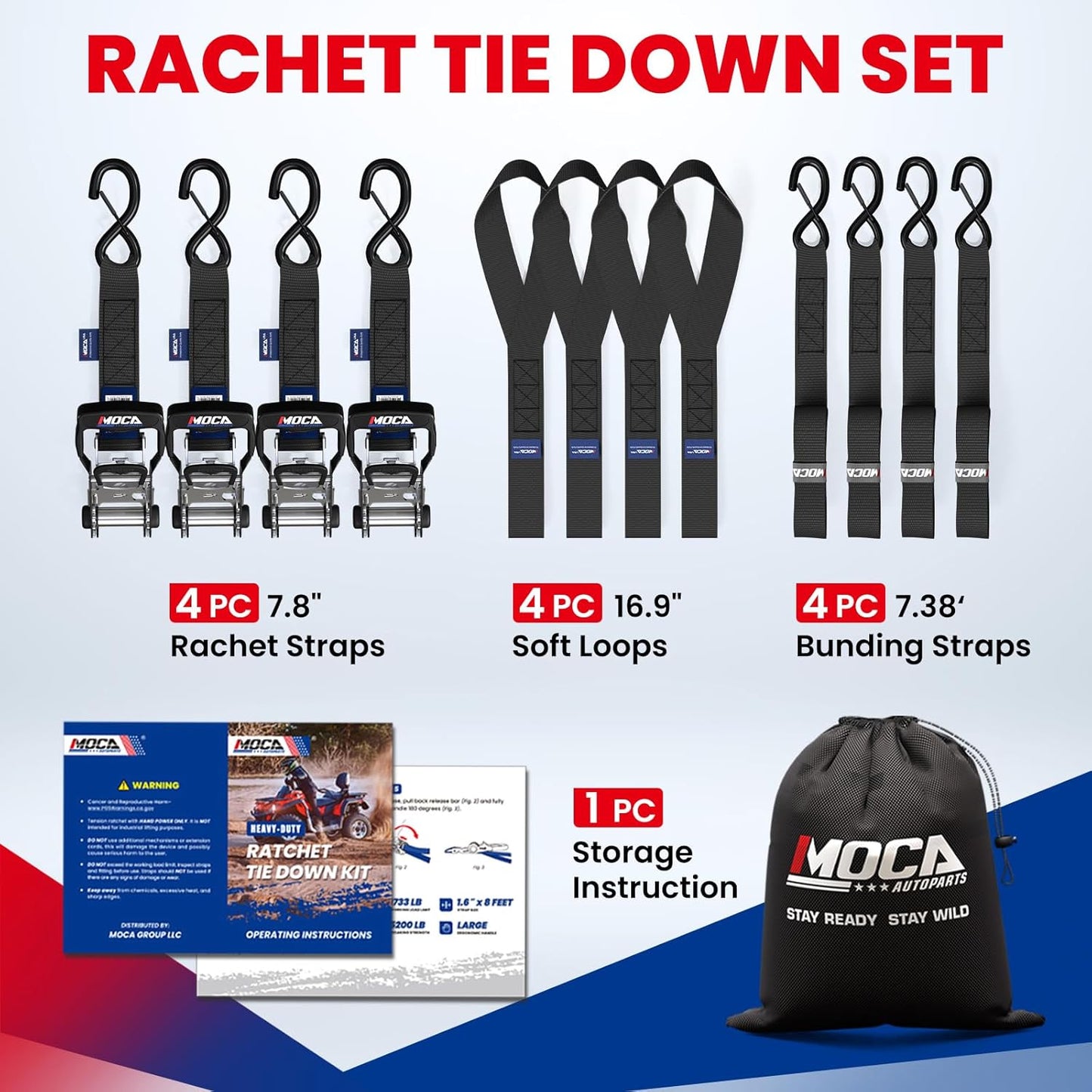 MOCA Heavy Duty Ratchet Tie Down Straps - 5200 Lbs Breaking Strength 1.6" x 8', Includes 4 Heavy Duty Ratchet Padded Handles & Coated Chromoly S Hooks & 4 Soft Loop Tie-Downs