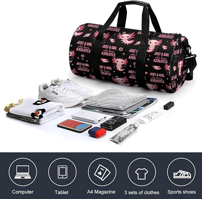 Gym Sports Duffle Bag Just A Girl Who Loves Cute Axolotl Weekender Carry on Beach Yoga Overnight Luggage Bag Travel Training Workout Bags