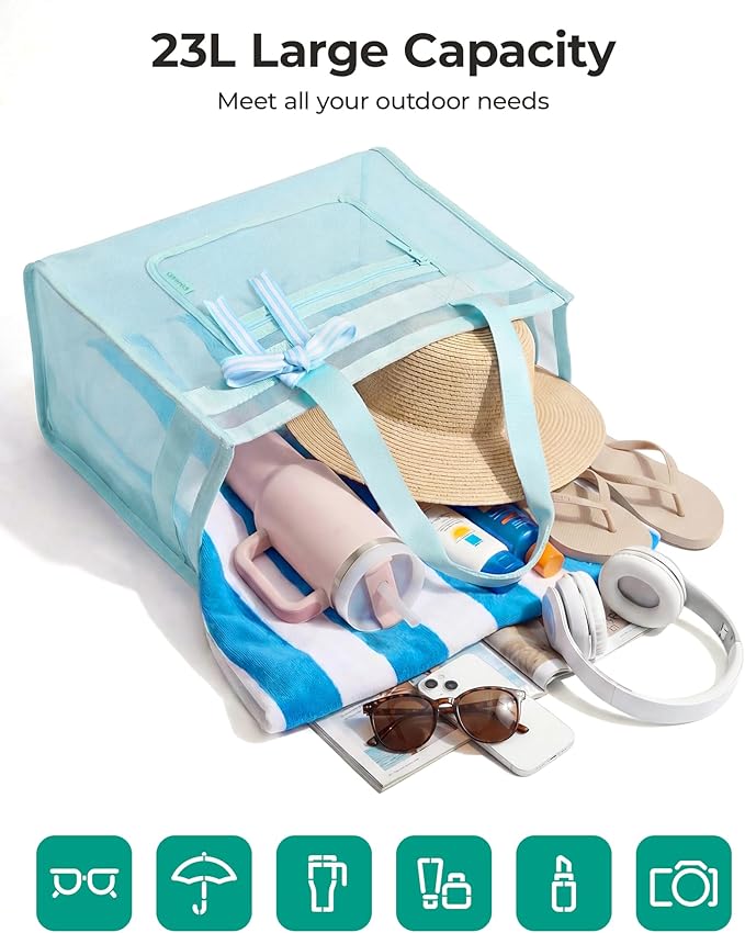 BAGSMART Mesh Beach Bag with Zipper Pocket, Large Beach Tote Bags for Women | for 40 oz Bottle, Removable Ribbon Bow, Sandproof & Washable, Cruise Essentials, for Swim, Pool, Gym, Vacation, Travel Bag