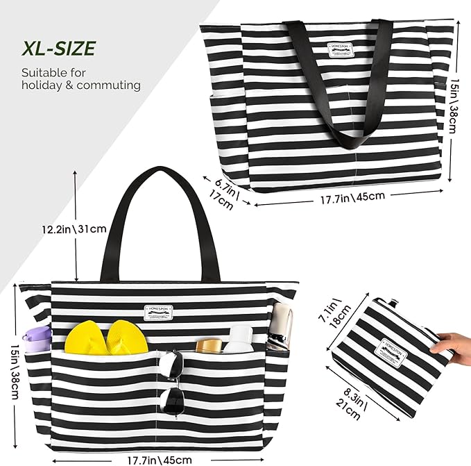 HOMESPON Large Waterproof Beach Bag for Women Sandproof Tote Bag Pool Bag with Zipper and Pockets for Travel Vacation Gym