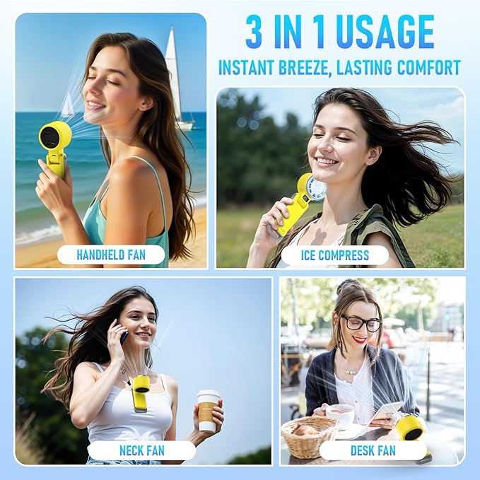 Portable Handheld Turbo Fan with Ice Cooling, Rechargeable Personal Fan, Up tp 12Hrs Cooling, 5 Speed 25550RPM Powerful Portable Fan for Travel, Outdoor, Camping, Hiking (Yellow)