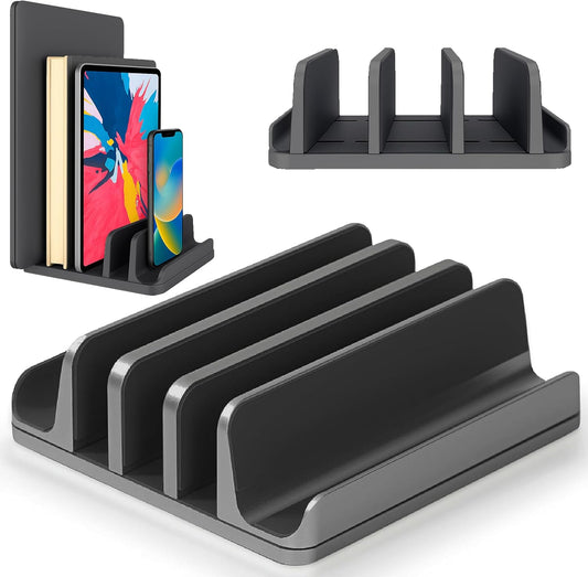 Multiple Laptop Holder Vertical – Adjustable Laptop Vertical Stand Holds 5 Devices, Fits All MacBooks Laptops Tablets and Mobiles (up to 17.3”). Closed Upright Vertical Laptop Stand for Desk