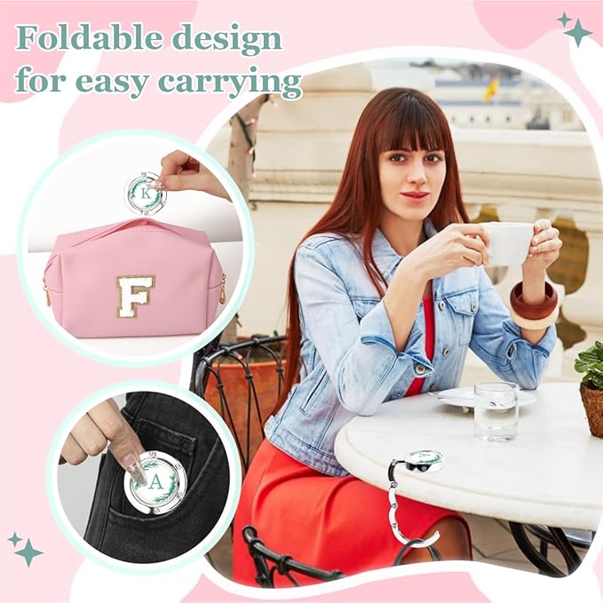 XSUIOY 3Pcs Personalized Initial Foldable Purse Hook for Table,Crushed Flower Letters Folding Purse Hanger,Purse Holder Handbag Hanger Collection Desk Table Bag Hooks Gifts for Women Bag(Green-G)
