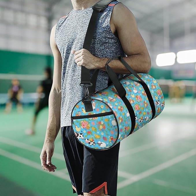Foldable Gym Bag Farm Animals Cow Sheep Goat Chick Floral Lightweight Travel Sports Bag Carry On Weekender Overnight Bags Beach Yoga Bags