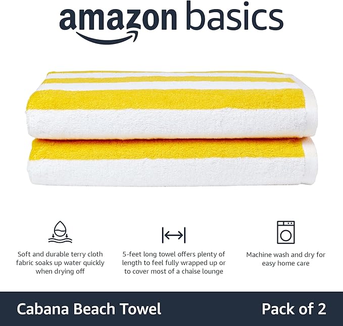 Amazon Basics 100% Cotton Beach Towel, Soft & Absorbent, Fast Drying, Cabana Stripe, Large 30" x 60", Yellow, 2-Pack