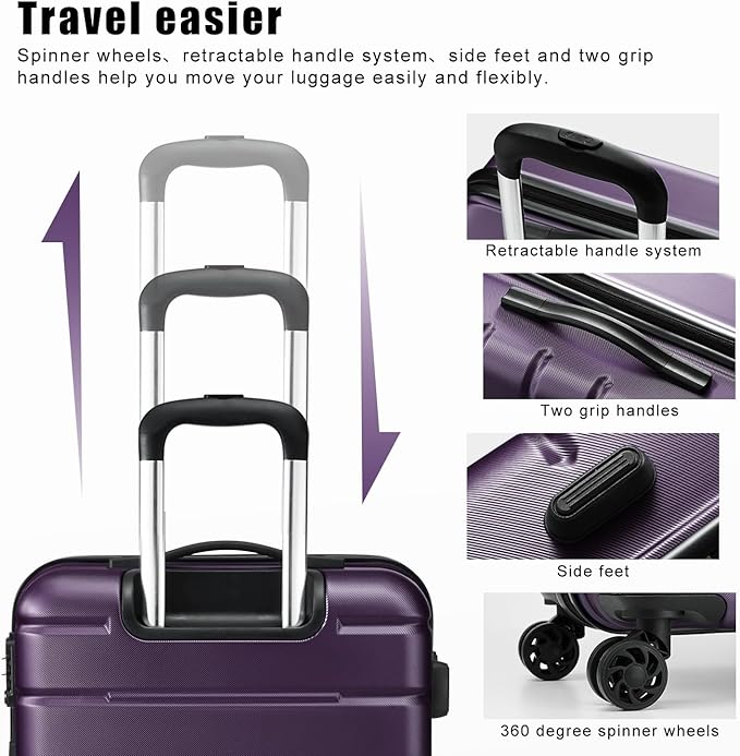 Coolife Luggage Suitcase Carry-on Spinner TSA Lock USB Port Expandable (only 28’’) Lightweight Hardside Luggage (Purple, S(20in_carry on))