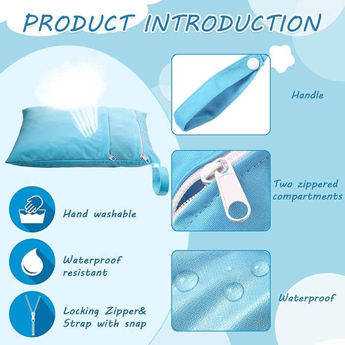 Shappy 4 Pcs Wet Dry Bag for Baby Cloth Diapers Waterproof Wet Bag Washable Travel Reusable with 2 Pocket for Swimsuits for Yoga Gym Travel Beach Pool(Sky Blue, Yellow, Green, Navy Blue)