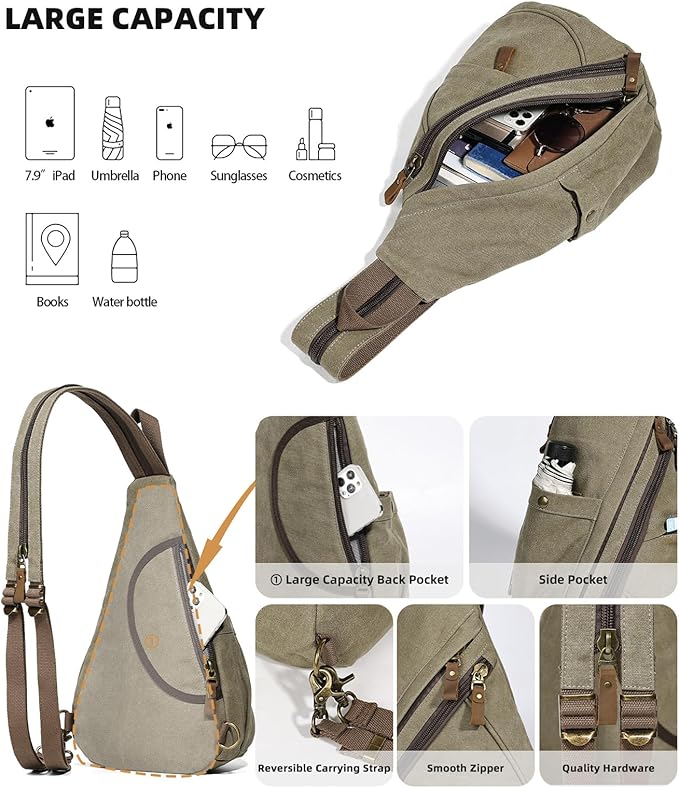 KL928 Canvas Sling Bag - Small Crossbody Backpack Shoulder Casual Daypack Rucksack for Men Women(Large Version,Olive Green)