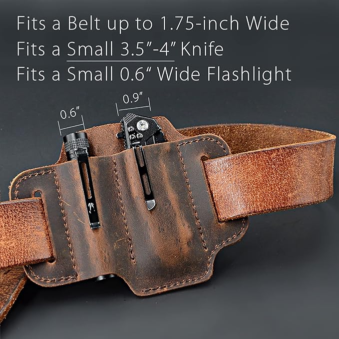 EDC Leather Knife Belt Sheath Tool Pouch, Small Tools Organizer, Fit Most 3.5" -4" Victorinox Knives, Fit 0.6" Wide Flashlights, EDC Holster, EDC Gear Carrier, Premium Leather. Chestnut.
