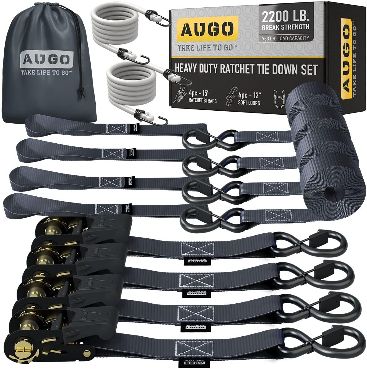 AUGO Ratchet Straps Heavy Duty 4 Pack -15 FT - 2200 LB Break Strength – with Safety Lock S Hooks - Cargo Straps for Moving, Appliances, Motorcycle – Soft Loop Tie Downs