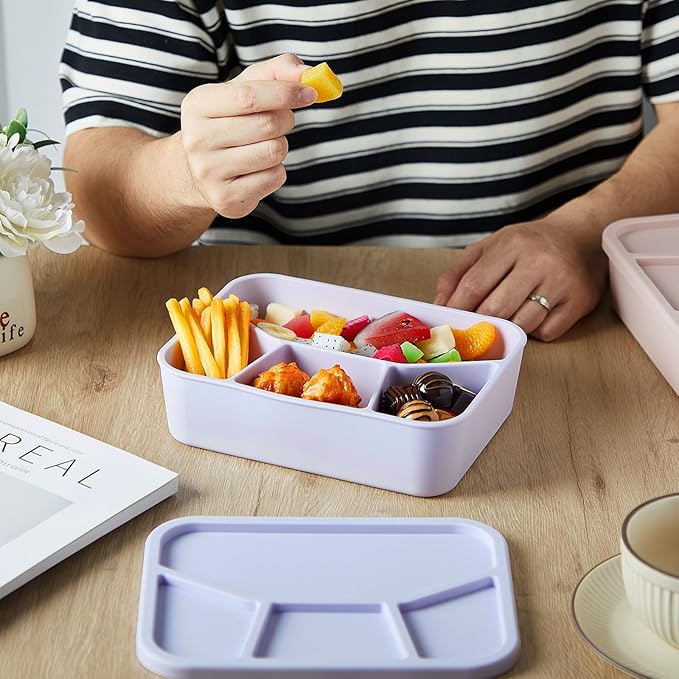 4 Pcs Silicone Bento Box Reusable Lunch Container Smooth Leak Proof Lunch Box Rectangle Bento Boxes for Adult Work Travel Food Meal Compartment Storage, 4 Colors (Light Color)