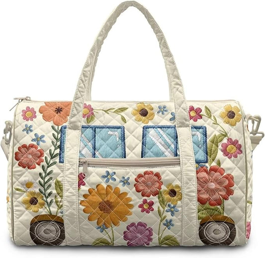 COEQINE Quilted Luggage Bag for Women Travel Quilted Tote Bag Large Floral Hipper Car Camper Print Weekender Overnight Bag Quilted Carry On Tote Handbags