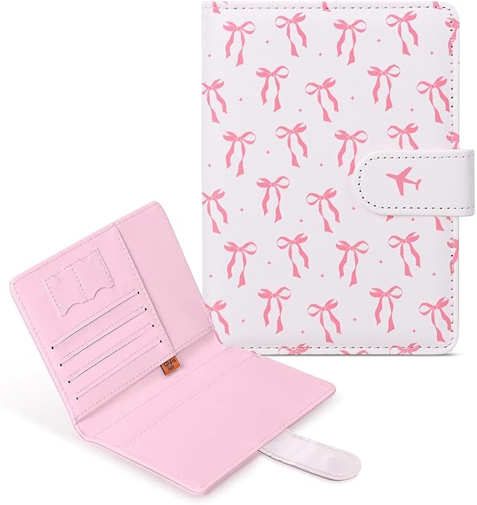 COSHAYSOO Personalized RFID Passport Holder for Travel Women Passports Cover Case Air Essentials Airplane Flight Accessories Airline Plane Flying Must Haves Christmas Gifts Teen Girls Pink Bow Knot