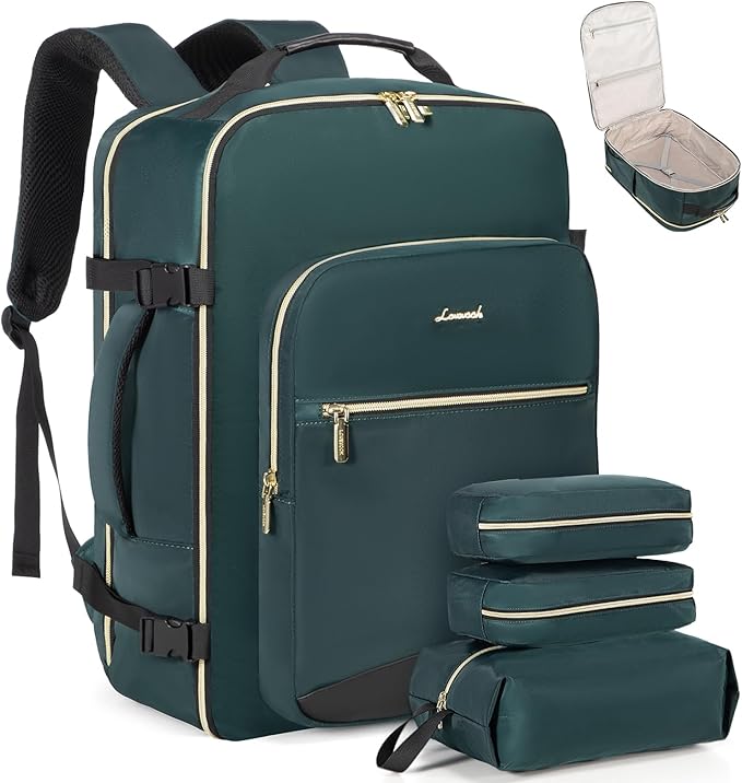 LOVEVOOK Travel Backpack for Women & Men 50L,Airline Approved Carry On Backpack Travel Essentials,TSA Carry on Luggage,Waterproof Personal Item Travel Bag,Suitcase with 3 Packing Cube,Dark green-Black