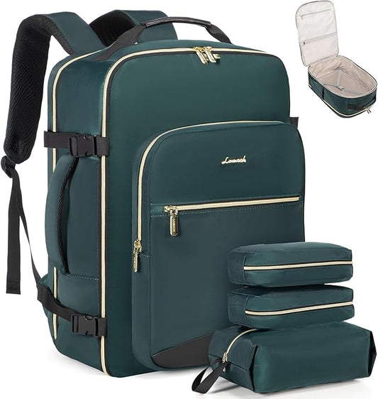 LOVEVOOK Travel Backpack for Women & Men 40L,Airline Approved Carry On Backpack Travel Essentials,TSA Carry on Luggage,Waterproof Personal Item Travel Bag,Suitcase with 3 Packing Cube,Dark green-Black
