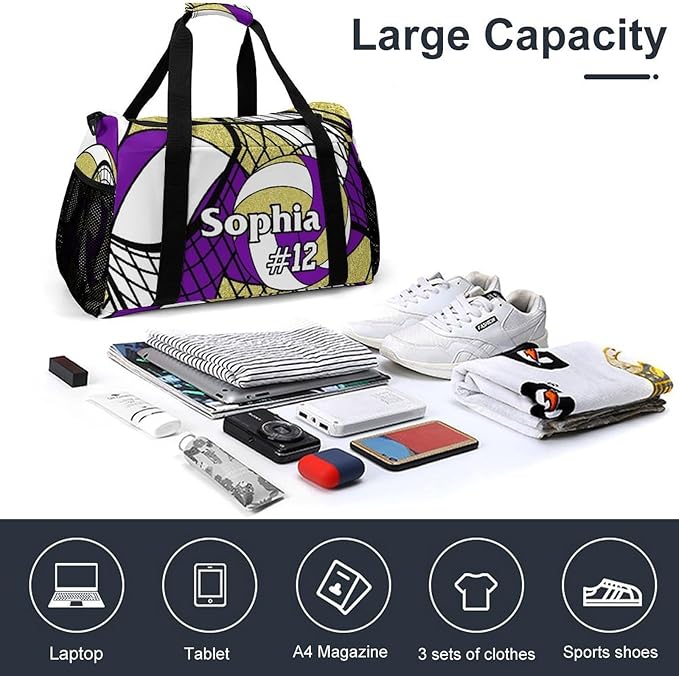 Custom Volleyball Purple Gold Duffel Bag with Name Personalized Travel Bags Sport Gym Bag Carry On Weekender Bags for Men Women