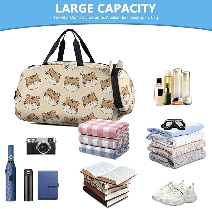 Cartoon Tiger Print Kids Sports Duffle Bag for Boys Girls Toddler Weekender Overnight Bag with Shoe Compartment & Wet Pocket Kids Dance Bag for Gym Dance Sport Travel