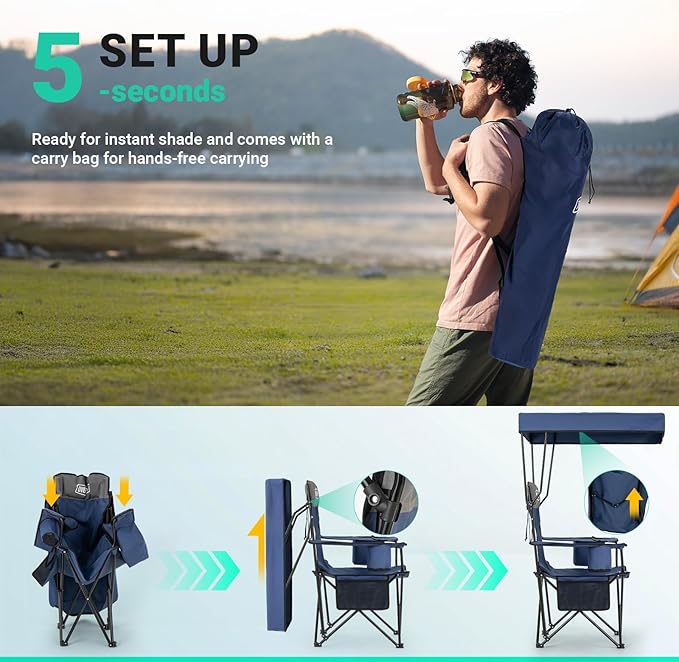 Overmont Camping Chair with Canopy Shade & Cooler Bag - Oversized Folding Beach Chair with High Back Support Big Cup Holder - Portable Lawn Chair for Outdoor Travel Sports Fishing - Support 330lbs