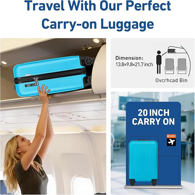 KYME Carry on luggage 22x14x9 Airline Approved Suitcase Hardshell With Double Spinner Wheels, PC+ABS TSA Lock Travel Luggage (Ocean Blue, 20" Carry On)
