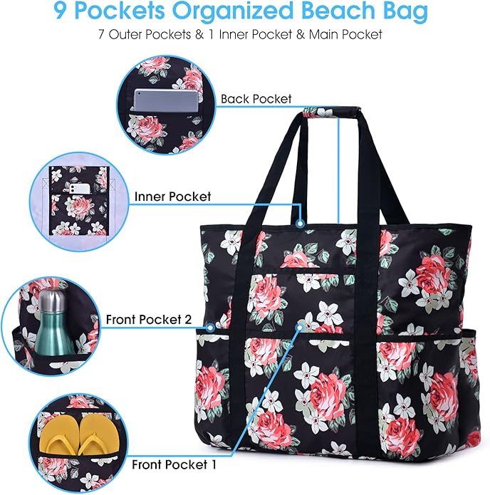Becokan Beach Bags for Women Large Beach Tote Bag with Zipper Pockets Beach Bag Waterproof Sandproof Travel Nurse Tote Bag