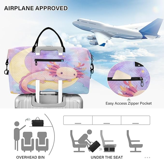 Travel Duffle Bag, Moon Axolotl Gym Bag with Storage Bag Weekender Overnight Bag for Men Women Trip Sports Yoga